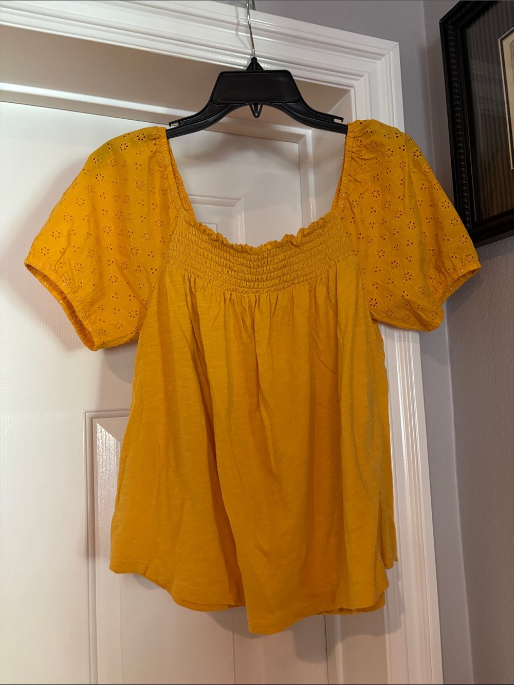 Lucky Brand Mustard Eyelet Puff-Sleeve Peasant Top